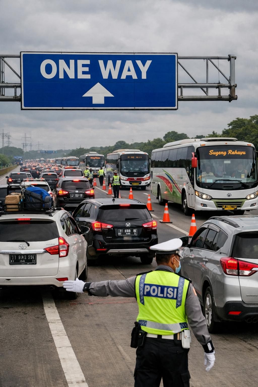 arus balik one way dimulai hari ini pukul 14.00. kakorlantas memberikan imbauan penting bagi para pemudik untuk keselamatan dan kelancaran perjalanan.
