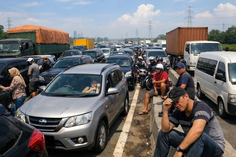 perjalanan dari bekasi ke tol cikampek memakan waktu 5 jam, pemudik mengeluhkan kemacetan ekstrem yang memecahkan rekor baru.