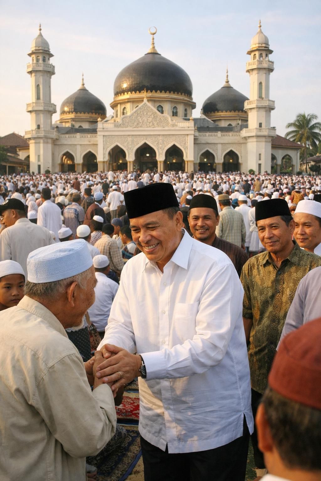 setelah salat id, prabowo berbaur dengan jamaah masjid darussalam. warga menunjukkan antusiasme tinggi dengan berebut salam, menciptakan suasana hangat dan penuh kebersamaan.