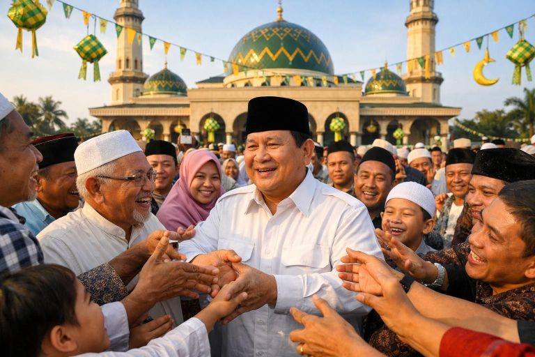 setelah salat id, prabowo berbaur dengan jamaah masjid darussalam. warga antusias berebut salam dan menyambut hangat kehadirannya.