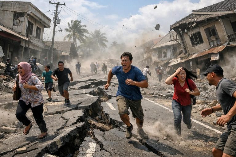 gempa dahsyat berkekuatan magnitudo 7,6 mengguncang sulawesi utara dan maluku utara, menyebabkan aspal jalanan bergoyang. simak laporan lengkap dari bbc mengenai dampak dan perkembangan terkini gempa tersebut.