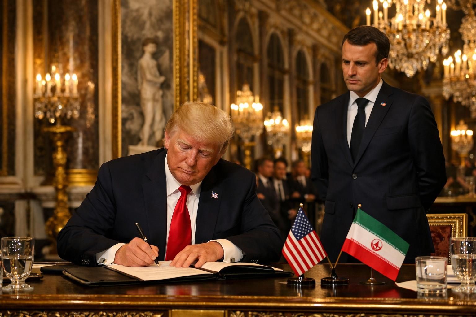 trump menandatangani mou perdamaian bersejarah dengan iran di istana versailles, disaksikan langsung oleh presiden macron, menandai momen penting dalam hubungan internasional.