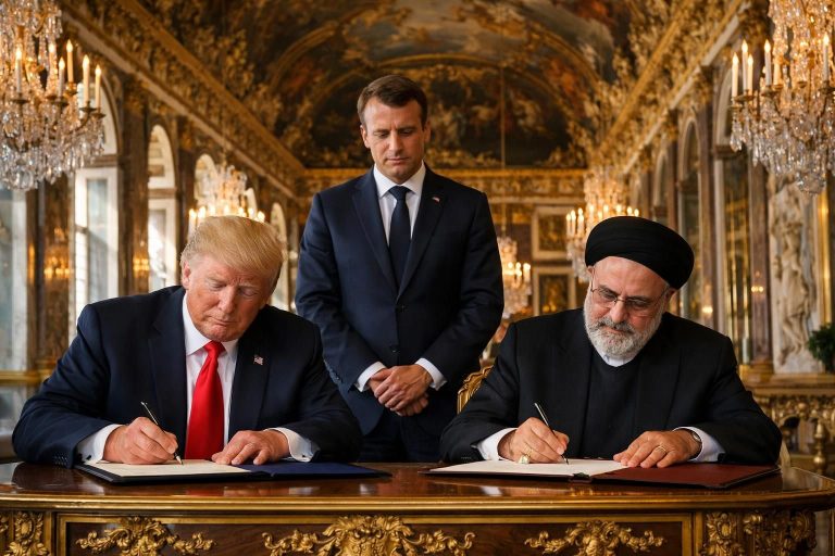 detik bersejarah terjadi saat trump menandatangani mou perdamaian dengan iran di istana versailles, disaksikan langsung oleh presiden macron, menandai langkah penting dalam hubungan internasional.