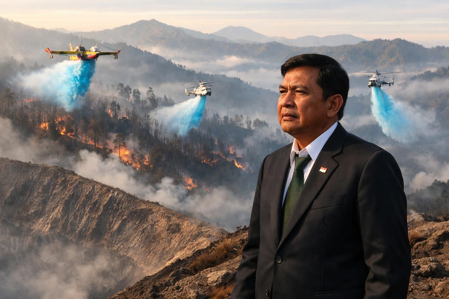 menteri kehutanan meninjau strategi penanggulangan kebakaran di gunung bromo dengan mengoptimalkan penggunaan water bombing untuk melindungi hutan dan lingkungan sekitar.