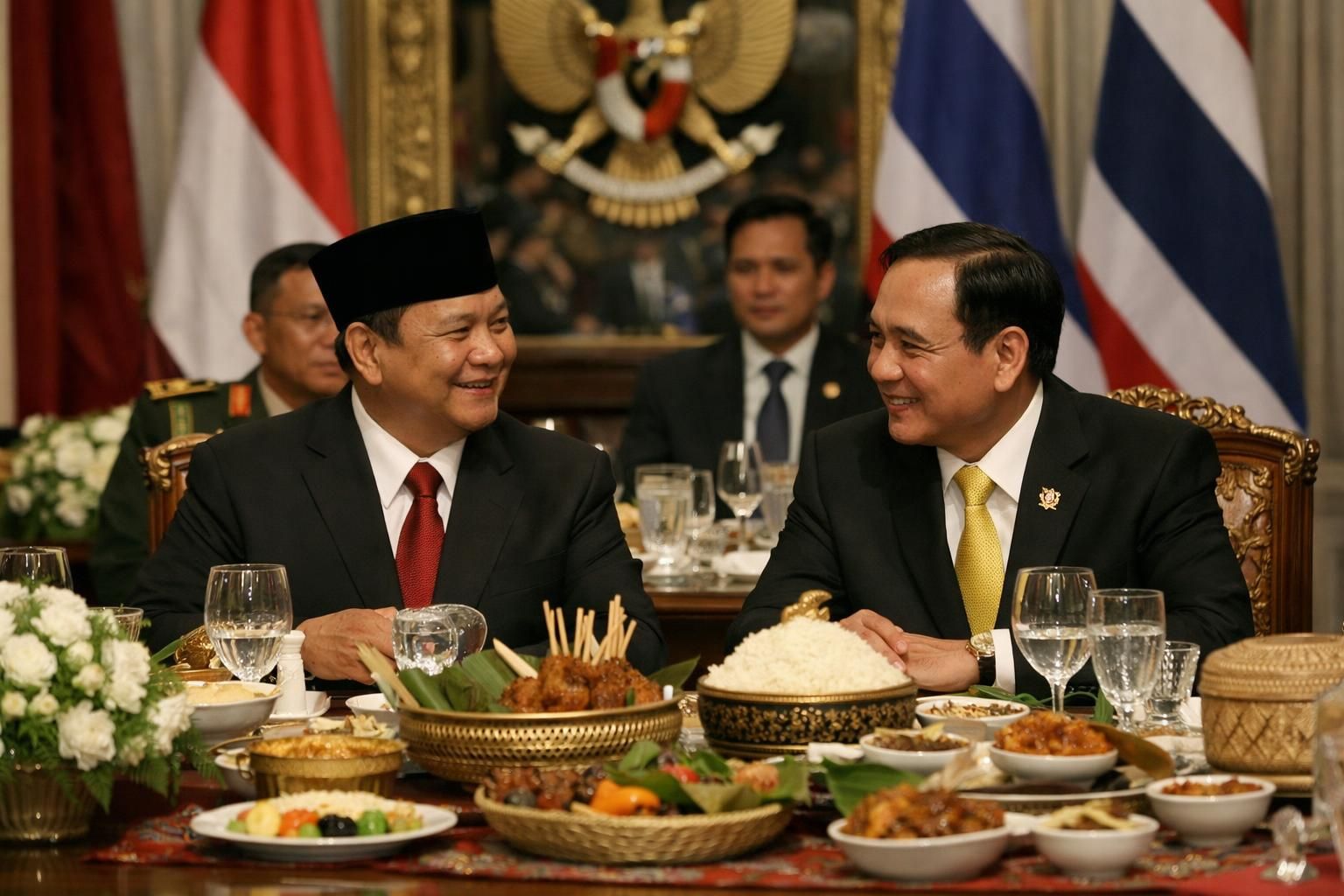 prabowo mengadakan makan malam persahabatan yang hangat, menerima pujian dari perdana menteri thailand atas kerjasama dan hubungan erat antar kedua negara.