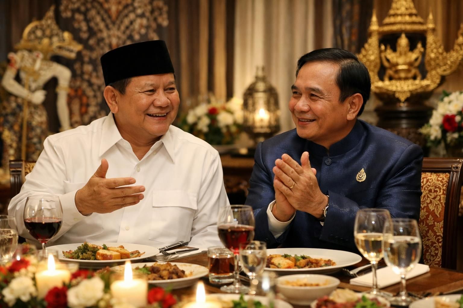 prabowo menggelar makan malam persahabatan yang hangat, mendapatkan pujian dari perdana menteri thailand atas upaya mempererat hubungan bilateral.
